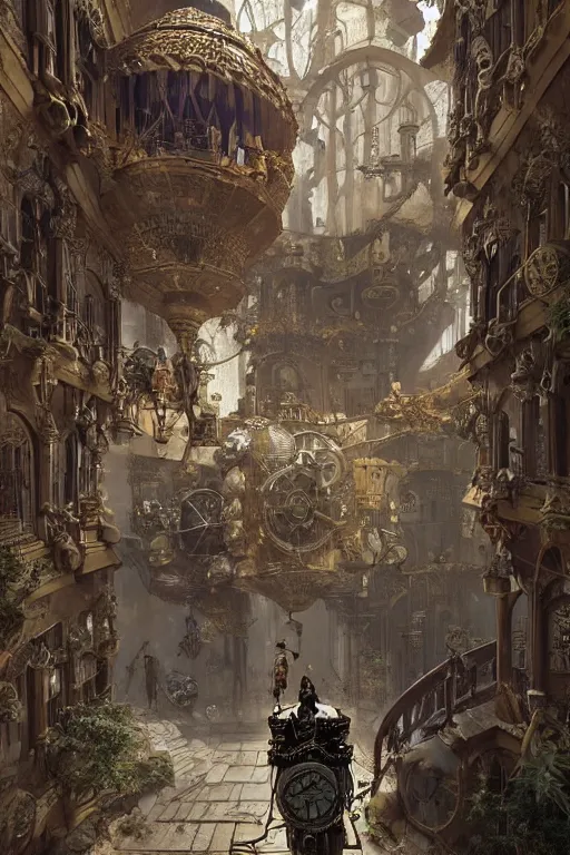 Image similar to a biomechanical palace guard made of machine parts and clocks is walking through a steampunk byzantine courtyard by anders zorn, wonderful, mandelbulb 3 d buildings, fractal designs, dynamic, masterpiece by greg rutkowski, hyperrealism, beautiful cinematic light, by greg manchess, jessica rossier