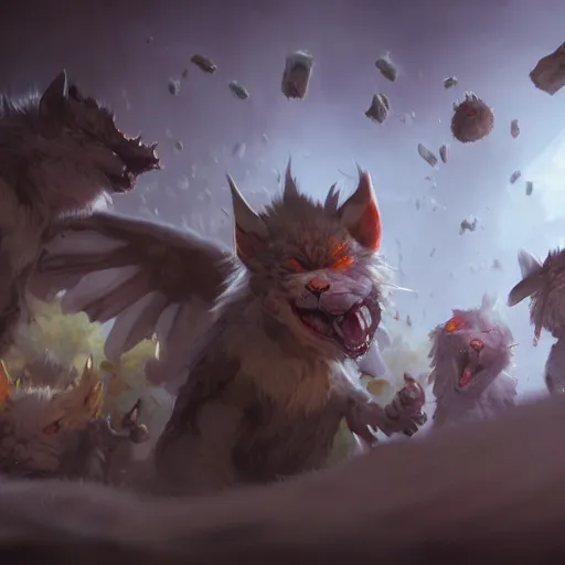 Prompt: A close up shot of a bunch of angry fuzzy little critters, ultra high detailed, oil painting, Greg Rutkowski, Charlie Bowater, Yuumei, Yanjun Cheng, unreal 5, DAZ, hyperrealistic, octane render, RPG portrait, dynamic lighting, fantasy art, beautiful