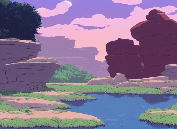 Prompt: bathed in sun, pleasing morning, appealing smooth flat rocky environment sunningrocks by the river's shore, sparse clearing, still placid environment matte painting from studio ghibli and the fox and the hound ( 1 9 8 1 )