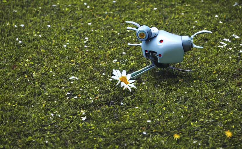 Prompt: close-up of a robot reaching down to grab a single flower in the grass, utopian grassy landscape background, pond with frogs and lilypads, sun shining through the leaves, highly detailed, high quality, HD, 4k, 8k, Canon 300mm, professional photographer, 40mp, lifelike, top-rated, award winning, realistic, sharp, no blur, edited, corrected, trending