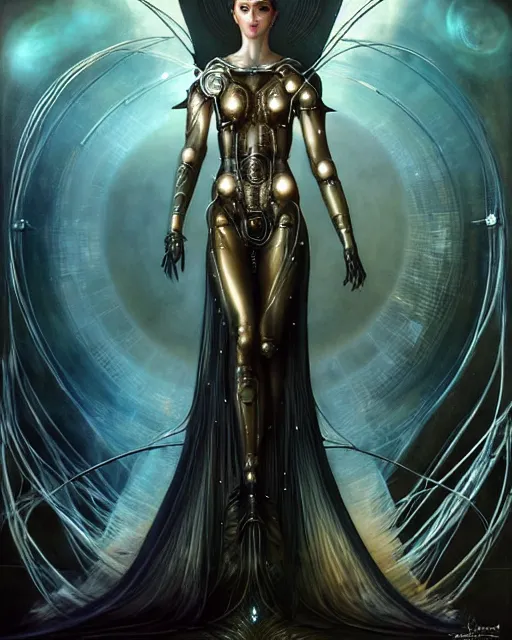 Image similar to karol bak and tom bagshaw and bastien lecouffe - deharme full body character portrait of galadriel as the borg queen, digitalcore rebirth, floating in a powerful zen state, supermodel, beautiful and ominous, wearing combination of mecha and bodysuit made of wires and silk, machinery enveloping nature in the background, scifi character render