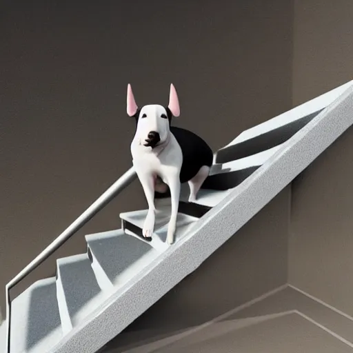 Prompt: bull terrier bounces up stairs rendered in unreal engine