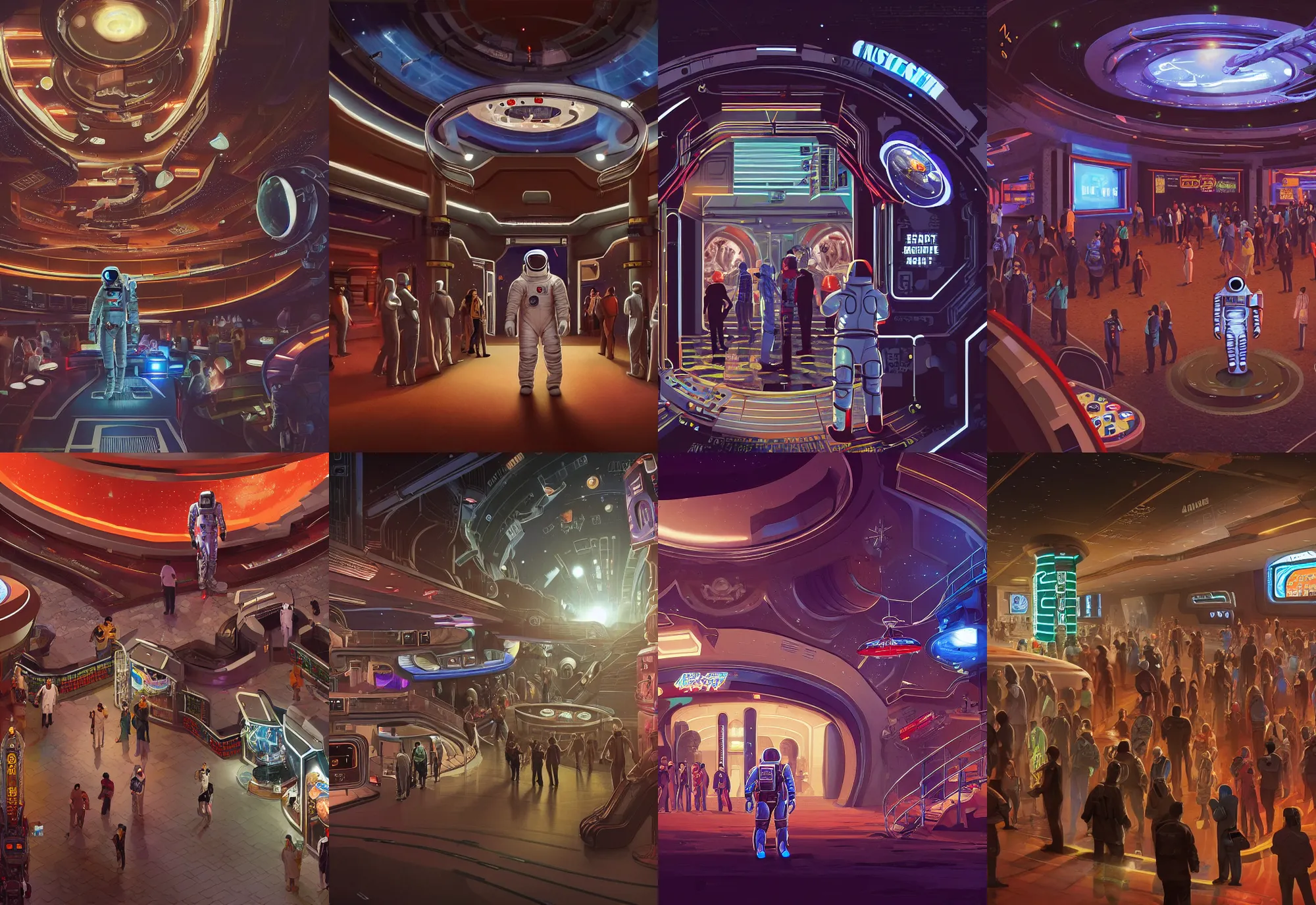 Prompt: an astronaut standing in the entrance to a bustling cyberpunk casino on mars, filled with people, robots, cyborgs, aliens, by gi kim jung