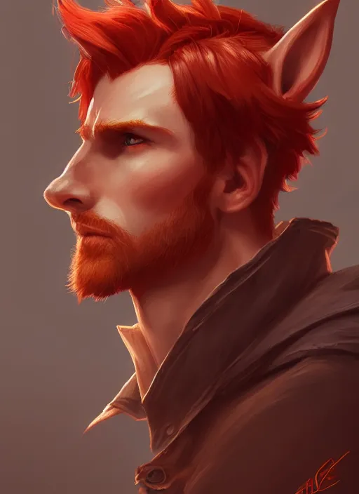 Image similar to a highly detailed illustration of attractive young red haired man with red animal ears wearing brown suit, dramatic pose, intricate, elegant, highly detailed, centered, digital painting, artstation, concept art, smooth, sharp focus, league of legends concept art, wlop