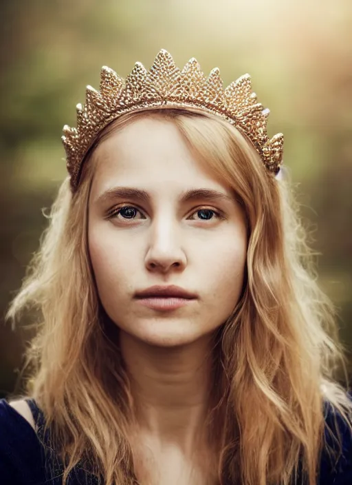 Prompt: portrait of a 2 0 year old woman with a royal crown, symmetrical face, blonde wavey hair, she has the beautiful calm face of her mother, slightly smiling, ambient light in nature