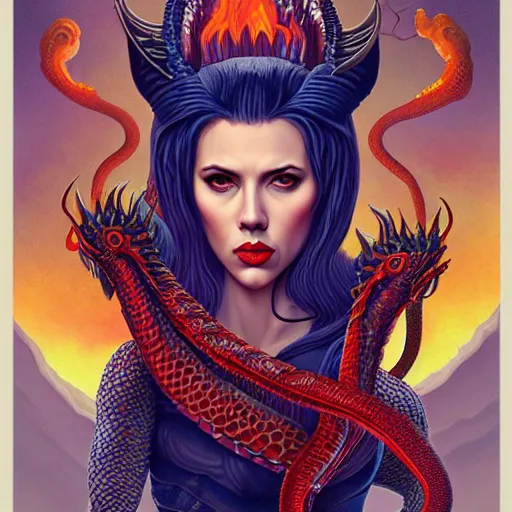 Prompt: female demon portrait of scarlett johansson as queen of hell and dragons, fire and flame, big long serpent dragon octopus, Pixar style, by Tristan Eaton Stanley Artgerm and Tom Bagshaw.