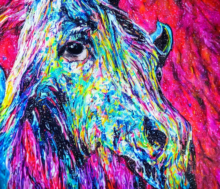 Image similar to still shot close up footage of the portrait of a horse head made of acrylic pour and coloured powder explosion and splashing paint and dripping paint and flying paint chunks, motion blur, hyperrealistic, medical, intricate art photography, anatomically correct, realistic crisp textures, 1 6 k