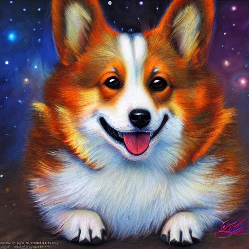 Image similar to a photorealistic painting of a corgi by johfra bosschart, lisa frank, dark fantasy art, high detail, trending on artstation