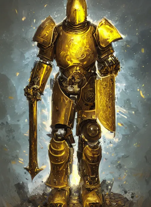 Image similar to dynamic portrait of a intricate glorious holy mechanical warforged character in yellow armor holding a paladin engraved great longsword and carrying a big paladin shield, spotlight from face , epic , trending on ArtStation, masterpiece, cinematic lighting, by John Salminen and by Jackson Pollock and by Marc Simonetti