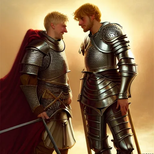 Image similar to attractive arthur pendragon and his favourite attractive male knight, they are in love, camelot, natural lighting, path traced, highly detailed, high quality, digital painting, by gaston bussiere, craig mullins, j. c. leyendecker