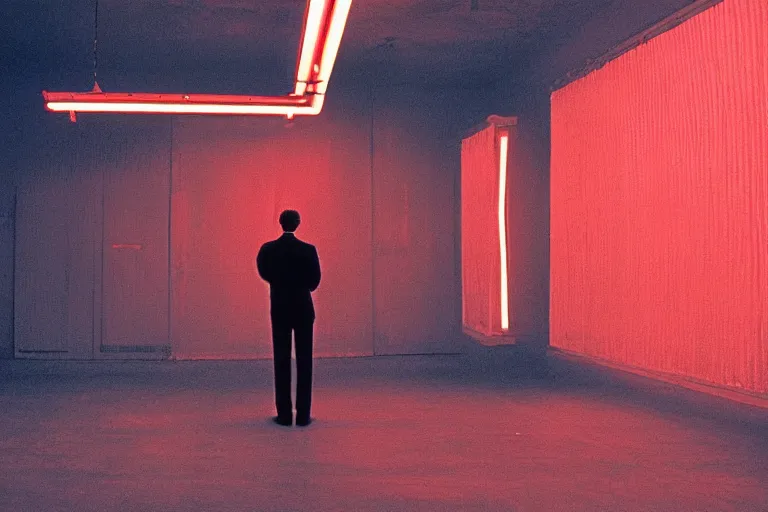 Image similar to back view of a man facing an audience at the atmospheric and obscure, red neon light, by roger deakins, cinematography, syd mead