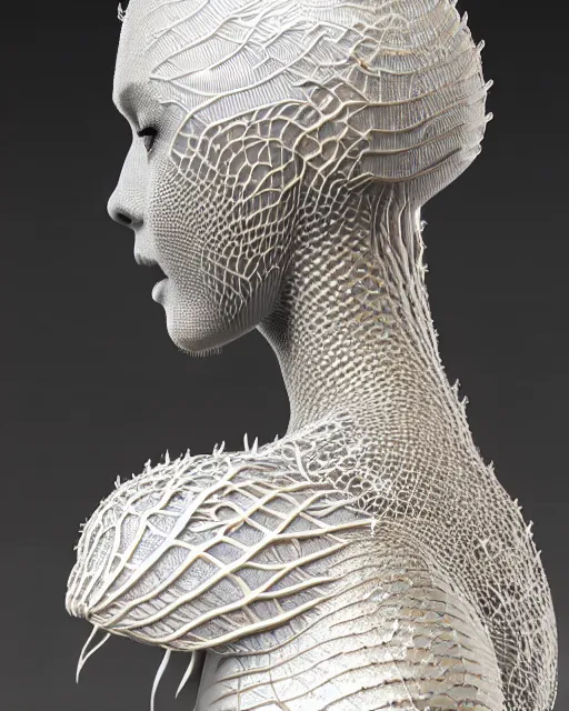 Prompt: close - up profile face, complex 3 d render of a beautiful porcelain vegetal dragon cyborg young female, 1 5 0 mm, beautiful natural soft rim light, silver gold details, magnolia leaves and stems, roots, fine lace, mandelbot fractal, elegant, ultra detailed, white metallic armour, octane render, black and white, h. r. giger style