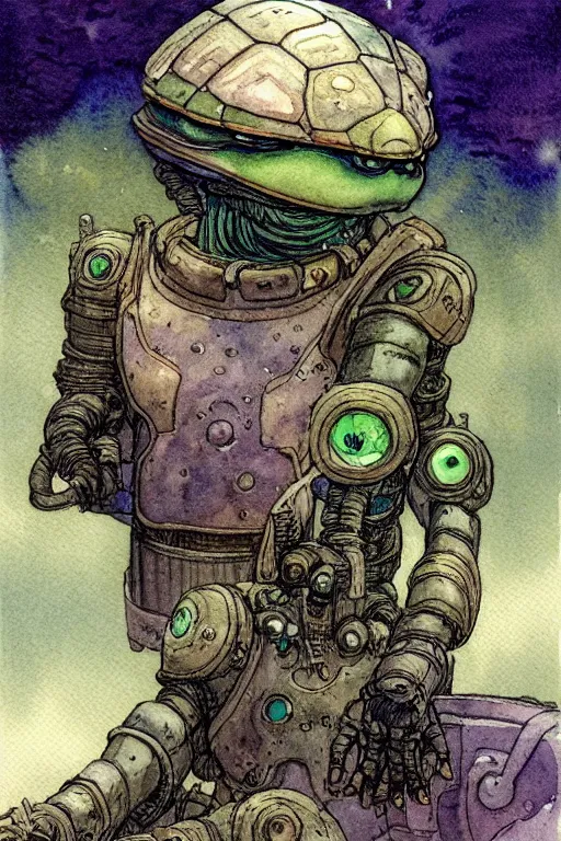 Prompt: a simple and atmospheric watercolour fantasy character concept art portrait of a mechanized android turtle as a druidic warrior wizard looking at the camera with an intelligent gaze, very muted colors, by rebecca guay, michael kaluta, charles vess and jean moebius giraud