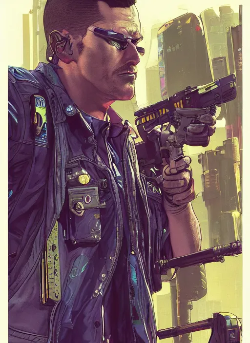 Prompt: cyberpunk police detective. portrait by mœbius and will eisner and gil elvgren and pixar. realistic proportions. cyberpunk 2 0 7 7, apex, blade runner 2 0 4 9 concept art. cel shading. attractive face. thick lines.