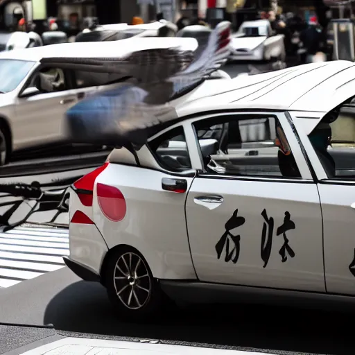 Prompt: car with wings flying in Tokyo streets, long shadows, 8k, realism