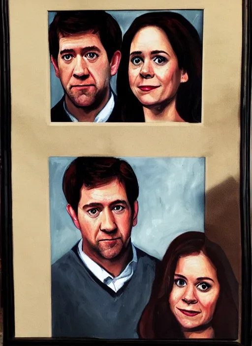 Prompt: portrait painting of jim halpert and pam beesly, dark background, in the style of caravaggio