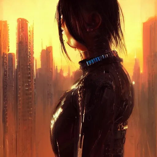 Prompt: portrait of a young beautiful cyberpunk woman, mirror eye implants, black hair in a rough shag, sunset, neuromancer, cyberpunk city background, megacity, gorgeous view, depth, painted by seb mckinnon, high detail, digital art, painted by greg rutkowski, trending on artstation