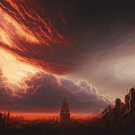 Prompt: dark red cumulonimbus clouds, dusk, in style of Doom, in style of Midjourney, insanely detailed and intricate, golden ratio, elegant, ornate, elite, ominous, haunting, matte painting, cinematic, cgsociety, Andreas Marschall, James jean, Noah Bradley, Darius Zawadzki, vivid and vibrant