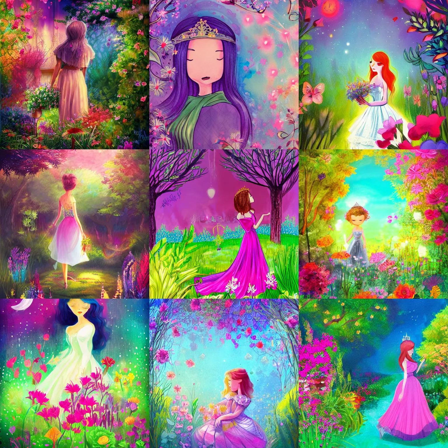 Prompt: kind princess, garden, atmosphere, vibrant, colorful, illustration, dreamy, art
