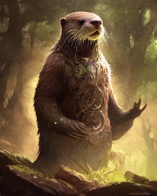 Image similar to Otter Shapeshifter Druid Mage, D&D, artstation, fantasy, magic the gathering artwork, cinematic lighting, centered, symmetrical, highly detailed, digital painting, , concept art, smooth, sharp focus, illustration, volumetric lighting, epic Composition, 8k, art by Akihiko Yoshida and Greg Rutkowski and Craig Mullins, oil painting, cgsociety