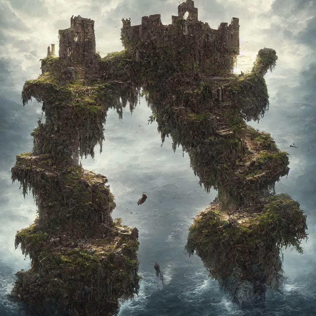 Prompt: ruined castle on a small island only reachable by a small land brisge, 8 k, by tristan eaton, stanley artgermm, tom bagshaw, greg rutkowski, carne griffiths, trending on deviantart, hyper detailed, glorious lighting, dramatic lightning