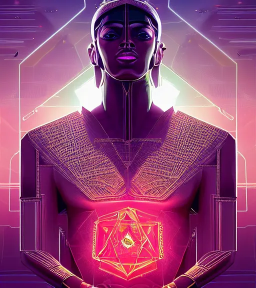 Image similar to symmetry!! egyptian prince of technology, solid cube of light, hard edges, product render retro - futuristic poster scifi, lasers and neon circuits, brown skin man egyptian prince, intricate, elegant, highly detailed, digital painting, artstation, concept art, smooth, sharp focus, illustration, dreamlike, art by artgerm