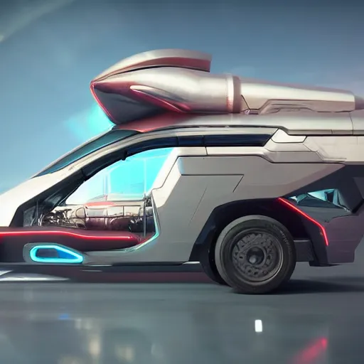 Image similar to cyberpunk alien concept of the a - team van with a pair of alien spaceship wings on the sides flying trough the sky, futuristic look, highly detailed body, very powerful, photorealistic camera shot, crisp quality and light reflections, unreal engine 5 quality render