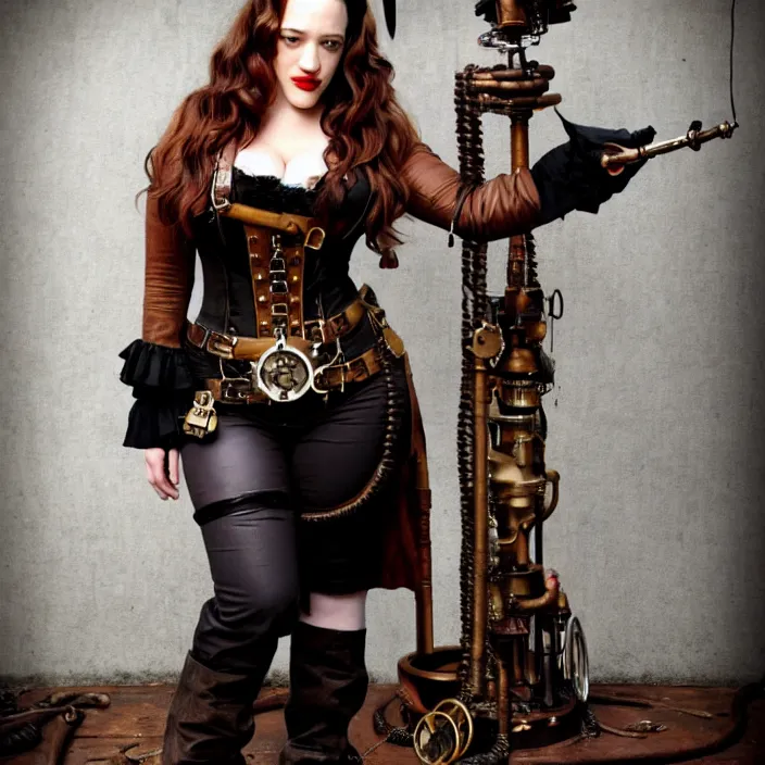 Image similar to full body photograph of kat dennings as a steampunk pirate. Extremely detailed. 8k