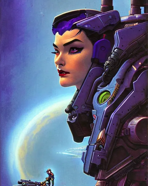 Image similar to widowmaker from overwatch, character portrait, portrait, close up, concept art, intricate details, highly detailed, vintage sci - fi poster, retro future, in the style of chris foss, rodger dean, moebius, michael whelan, and gustave dore