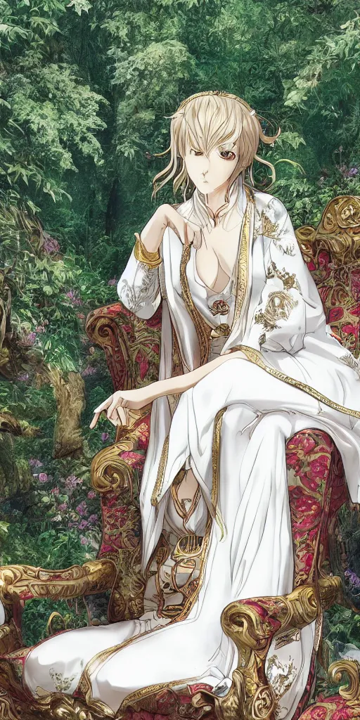 Image similar to an highly detailed magical empress sitting by herself on a sofa in a forest wearing a white robe drawn by cloverworks studio, elegant, beauty, tarot card, Tarot card the empress