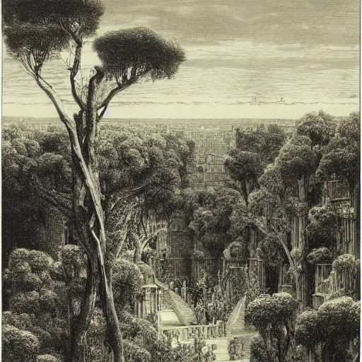 Image similar to the hanging gardens of babylon, gustave dore lithography