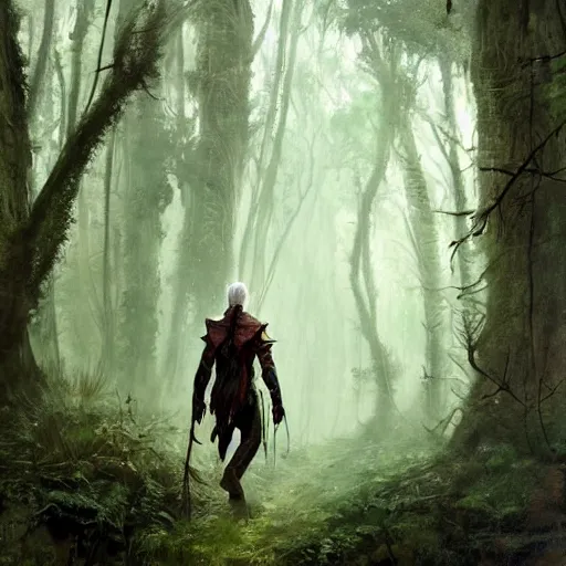 Prompt: a bio mechanical man druid walking through a forest. wild magic. fantasy concept art. moody epic painting by james gurney, greg rutkowski, giger, maxim verehin and alphonso mucha. artstationhq. painting with vivid color. ( dragon age, witcher 3, lotr )