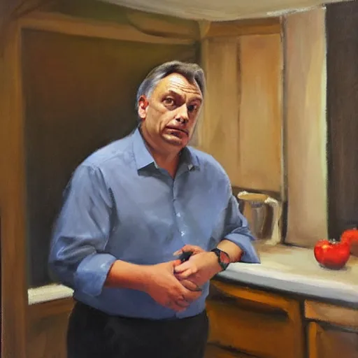 Image similar to viktor orban in his kitchen, oil painting