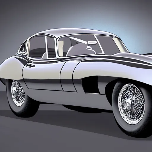 Image similar to a retro sci fi digital illustration of a jaguar e - type series 1 roadster