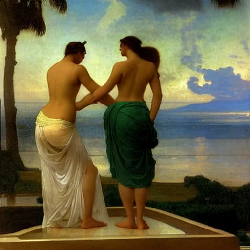 Image similar to Silhouette of two girls at the palace, thunderstorm, greek pool, beach and palm trees on the background major arcana sky, by paul delaroche, alphonse mucha and arnold böcklin arnold böcklin hyperrealistic 8k, very detailed