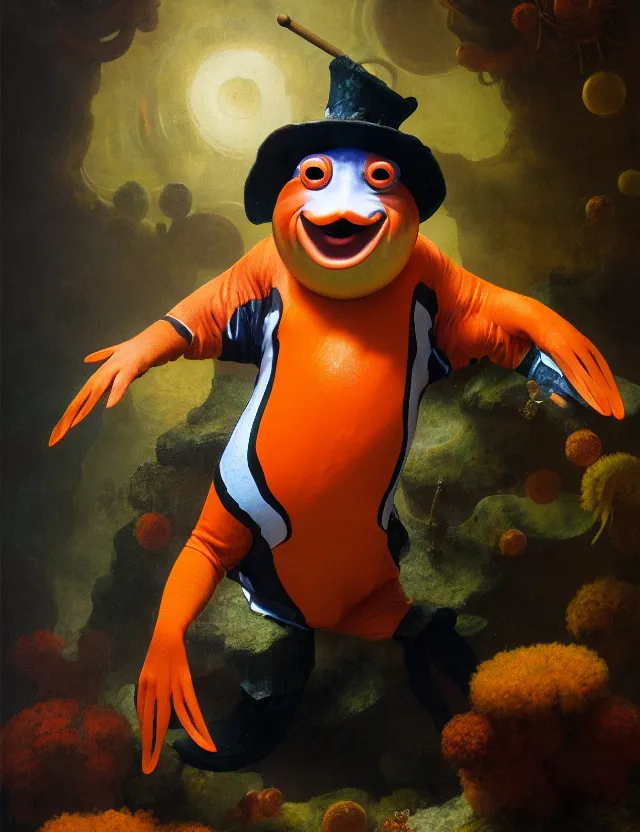 Prompt: an anthropomorphic bipedal clownfish man that is dressed as a medieval librarian, as a matte oil painting and d & d character art, by rembrandt, standing, fullbody, bubbles, seaweed, award - winning, extremely detailed, sharp focus