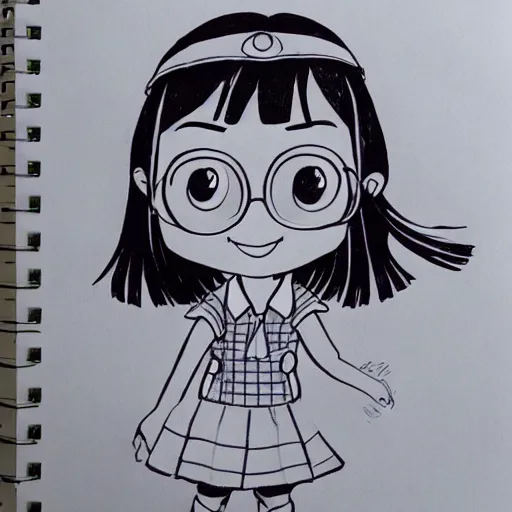 Image similar to a perfect professional sketch of a funny and cute Japanese schoolgirl, by ink pen, in style of Disney Pixar, CalArts, on high quality paper