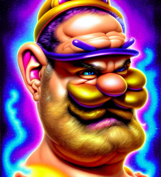 Image similar to lisa frank pattern fantasy character portrait of wario from mario brothers, ultra realistic, wide angle, intricate details, blade runner artifacts, highly detailed by peter mohrbacher, wayne barlowe, boris vallejo, hajime sorayama aaron horkey, gaston bussiere, craig mullins