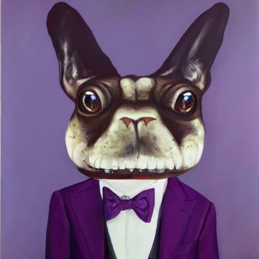 Image similar to Portrait of a psychotic crossbreed between a rabid dog and a toad, in a purple suit, oil painting