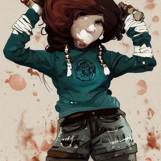 Image similar to highly detailed portrait of a sewer punk lady, tartan hoody, white ringlet hair by atey ghailan, by greg rutkowski, by greg tocchini, by james gilleard, by joe fenton, by kaethe butcher, gradient peach, brown, blonde cream and white color scheme, grunge aesthetic!!! ( ( graffiti tag wall background ) )