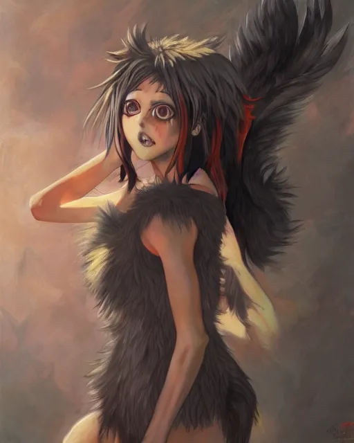 Prompt: anime wolfgirl with shaggy black hair, glowing orange eyes, grey skin and furry arms, oil painting, by Fernanda Suarez and and Edgar Maxence