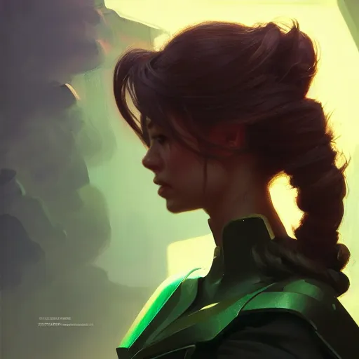 Prompt: side portrait of imogen poots, deathknight, matte painting, bold shapes, hard edges, octane render, trending on artstation, sickly green backlit glow, by greg manchess, huang guangjian, gil elvgren, sachin teng, greg rutkowski, jesper ejsing, ilya kuvshinov, cushart krenz