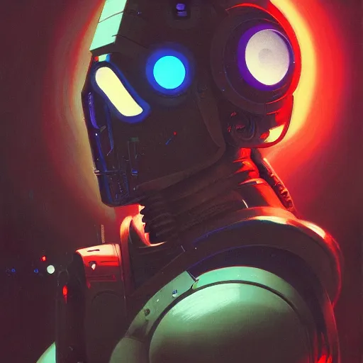 Image similar to a dark and colorful close - up side profile portrait of a sci - fi mecha robot with led lights glowing fog in the background. highly detailed science fiction painting by norman rockwell, frank frazetta, and syd mead. rich colors, high contrast, gloomy atmosphere, dark background. trending on artstation