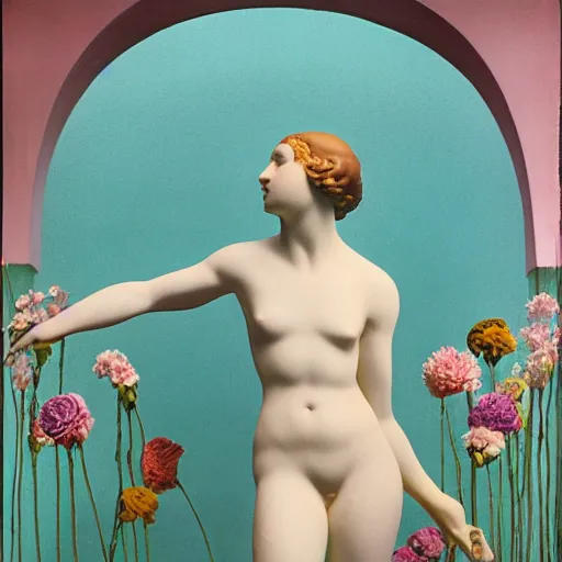 Prompt: flowers exploding in her face, film still by wes anderson, depicted by canova, limited color palette, very intricate, art nouveau, highly detailed, lights by hopper, soft pastel colors, minimalist