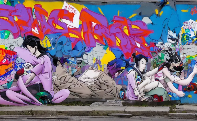 Image similar to a scene where a graffiti artist is tagging a wall, digital painting masterpiece, painted by joji morikawa, by osamu tezuka, by yukito kishiro, by ikuto yamashita, 4 k wallpaper, beautiful, gorgeous