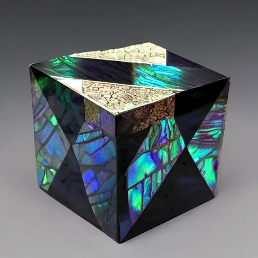 Prompt: black cube with intricate iridescent mother - of - pearl inlay