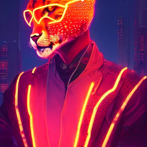 Image similar to a beautiful commission portrait of a male anthro cheetah wearing a neon jacket,futuristic,detailed face,mohawk,cyberpunk city,deviantart,artstation,art by greg rutkowski,ross tran,professional lighting,neon city,night,raytracing,highly realistic,4k,dramatic,hyperrealism,cinematic,low-angle ahot