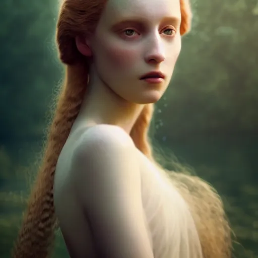 Image similar to photographic portrait of a stunningly beautiful english renaissance female in soft dreamy light at sunset, beside the river, soft focus, contemporary fashion shoot, in a denis villeneuve and tim burton movie, by edward robert hughes, annie leibovitz and steve mccurry, david lazar, jimmy nelsson, extremely detailed, breathtaking, hyperrealistic, perfect face, octane render