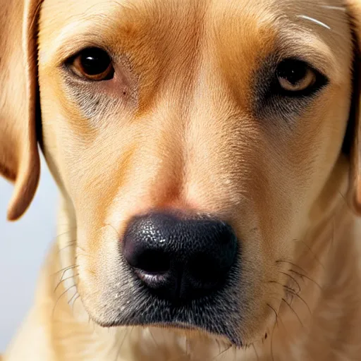 Prompt: A light-tan labrador retriever mix, nose pressed against the camera, close-up