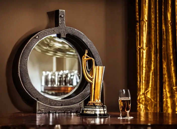 Prompt: a reflective steel engineering trophy at a high end bar in a medieval themed castle in golden afternoon light, professional food photography